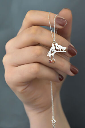 925 Ayar Gümüş Rodyum Kaplama Doğum Taşlı Çifte Kumrular Kolye