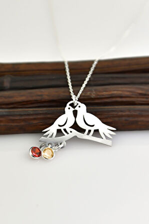 925 Ayar Gümüş Rodyum Kaplama Doğum Taşlı Çifte Kumrular Kolye