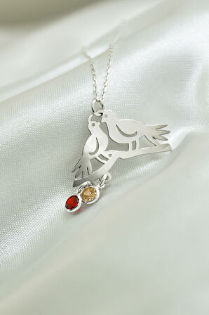 925 Ayar Gümüş Rodyum Kaplama Doğum Taşlı Çifte Kumrular Kolye