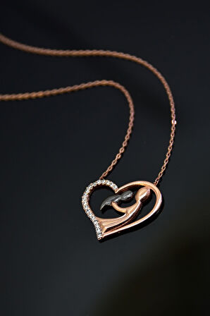 925 Ayar Gümüş Rose Kaplama Kalpli Anne Çocuk Kadın Kolye