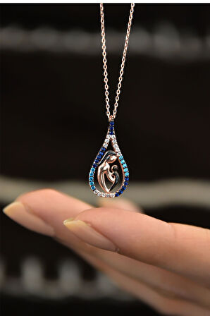 925 Ayar Gümüş Renkli Taşlı Anne Çocuk Damla Kadın Kolye