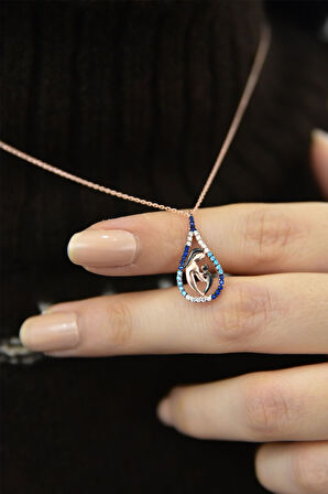 925 Ayar Gümüş Renkli Taşlı Anne Çocuk Damla Kadın Kolye