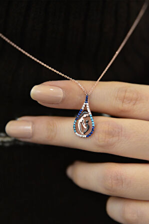 925 Ayar Gümüş Renkli Taşlı Anne Çocuk Damla Kadın Kolye