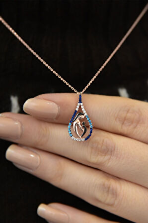 925 Ayar Gümüş Renkli Taşlı Anne Çocuk Damla Kadın Kolye