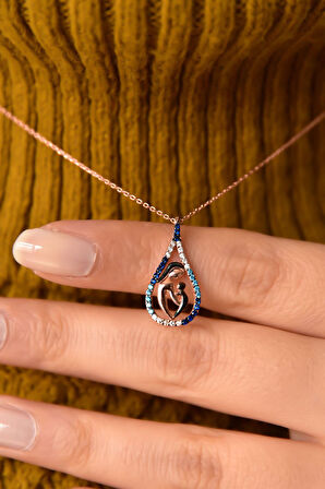 925 Ayar Gümüş Rose Kaplama Akışlı Taş Anne Çocuk Damla Kadın Kolye