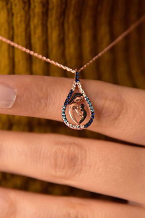 925 Ayar Gümüş Rose Kaplama Akışlı Taş Anne Çocuk Damla Kadın Kolye