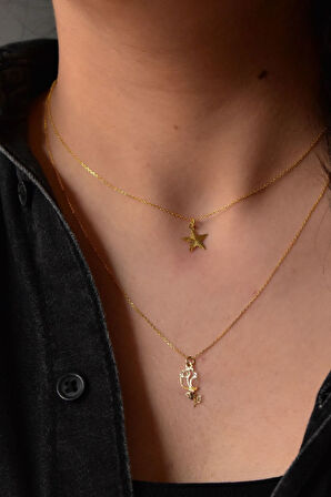 925 Ayar Gümüş Altın Kaplama Kristal Kesim Yıldız Ve Yapraklı Gül Asansörlü Kolye