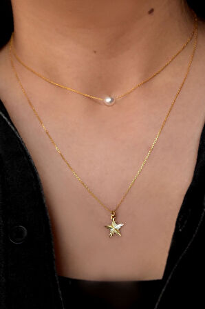 925 Ayar Gümüş Altın Kaplama Kristal Kesim Inci Ve Yıldız Asansörlü Kolye