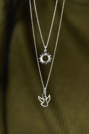 925 Ayar Gümüş Rodyum Kaplama Kristal Kesim Güneş Ve Melek Asansörlü Kolye