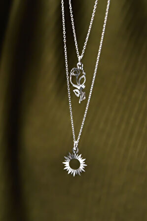 925 Ayar Gümüş Rodyum Kaplama Kristal Kesim Gül Ve Güneş Asansörlü Kolye