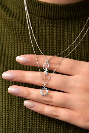 925 Ayar Gümüş Rodyum Kaplama Kristal Kesim Gül Ve Güneş Asansörlü Kolye