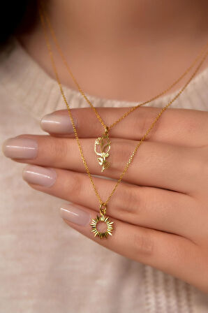 925 Ayar Gümüş Altın Kaplama Kristal Kesim Gül Ve Güneş Asansörlü Kolye