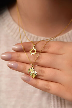 925 Ayar Gümüş Altın Kaplama Kristal Kesim Güneş Ve Sincap Asansörlü Kolye