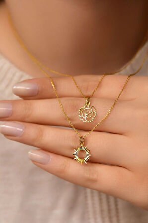 925 Ayar Gümüş Altın Kaplama Kristal Kesim Gül Ve Güneş Asansörlü Kolye