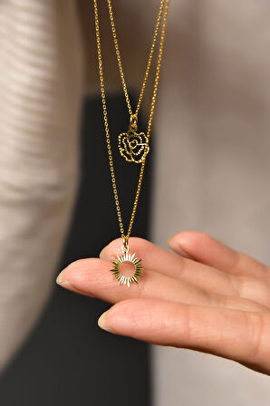 925 Ayar Gümüş Altın Kaplama Kristal Kesim Gül Ve Güneş Asansörlü Kolye