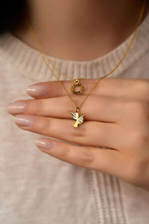 925 Ayar Gümüş Altın Kaplama Kristal Kesim Güneş Ve Kuş Asansörlü Kolye