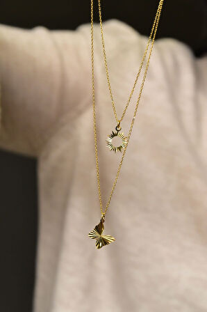 925 Ayar Gümüş Altın Kaplama Kristal Kesim Güneş Ve Kelebek Asansörlü Kolye