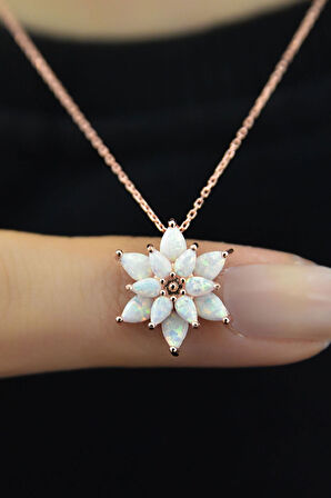 925 Ayar Gümüş Beyaz Doğal Opal Taşlı Lotus Kolye