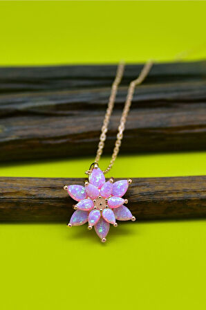 925 Ayar Gümüş Pembe Doğal Opal Taşlı Lotus Kolye