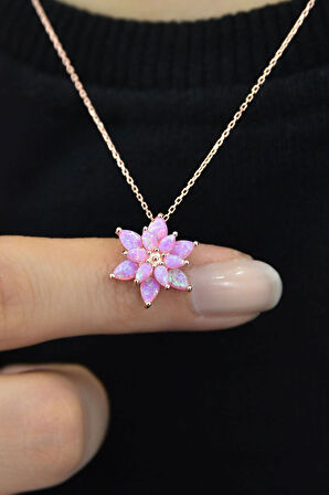 925 Ayar Gümüş Pembe Doğal Opal Taşlı Lotus Kolye