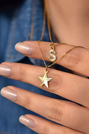 925 Ayar Gümüş Altın Kaplama Kristal Kesim Harf Ve Yıldız Asansörlü Kolye