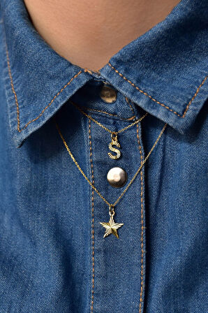 925 Ayar Gümüş Altın Kaplama Kristal Kesim Harf Ve Yıldız Asansörlü Kolye