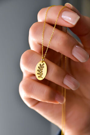 925 Ayar Gümüş Altın Kaplama Zeytindalı Plaka Kadın Kolye