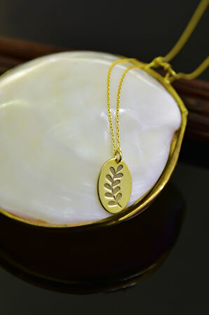 925 Ayar Gümüş Altın Kaplama Zeytindalı Plaka Kadın Kolye