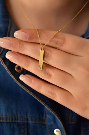 925 Ayar Gümüş Altın Kaplama Zeytindalı Çubuk Plaka Kadın Kolye