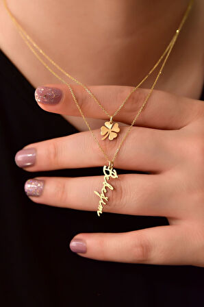 925 Ayar Gümüş Altın Kaplama Yonca Ve Bebeğim Yazlı Asansörlü Kolye