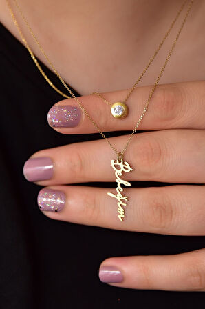 925 Ayar Gümüş Altın Kaplama Tektaş Ve Bebeğim Yazlı Asansörlü Kolye