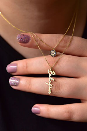 925 Ayar Gümüş Altın Kaplama Nazar Ve Bebeğim Yazılı Asansörlü Kolye