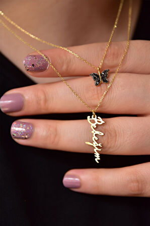 925 Ayar Gümüş Altın Kaplama Kelebek Ve Bebeğim Yazılı Asansörlü Kolye