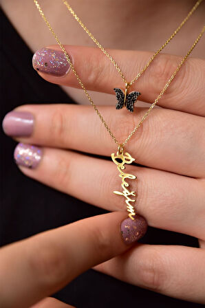 925 Ayar Gümüş Altın Kaplama Kelebek Ve Bebeğim Yazılı Asansörlü Kolye