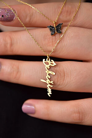 925 Ayar Gümüş Altın Kaplama Kelebek Ve Bebeğim Yazılı Asansörlü Kolye