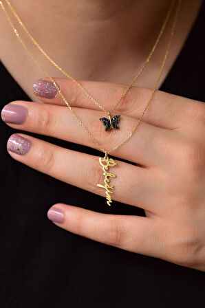 925 Ayar Gümüş Altın Kaplama Kelebek Ve Bebeğim Yazılı Asansörlü Kolye