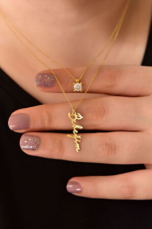 925 Ayar Gümüş Altın Kaplama Tektaş Ve Bebeğim Yazılı Asansörlü Kolye