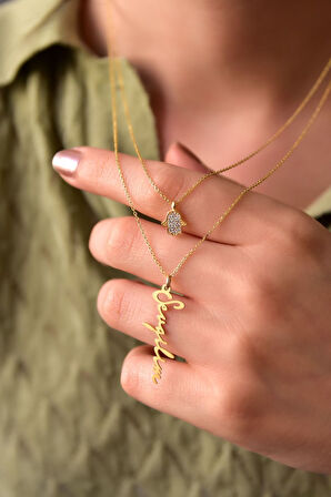 925 Ayar Gümüş Altın Kaplama Fatma Eli Ve Sevgilim Yazılı Asansörlü Kolye