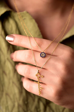 925 Ayar Gümüş Altın Kaplama Nazar Ve Sevgilim Yazılı Asansörlü Kolye