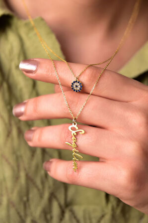 925 Ayar Gümüş Altın Kaplama Nazar Ve Sevgilim Yazılı Asansörlü Kolye