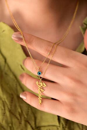 925 Ayar Gümüş Altın Kaplama Camgöz Ve Bitanem Yazılı Asansörlü Kolye