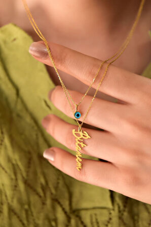 925 Ayar Gümüş Altın Kaplama Camgöz Ve Bitanem Yazılı Asansörlü Kolye