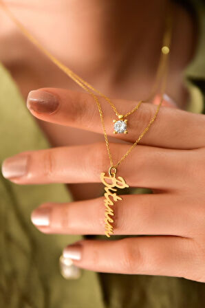 925 Ayar Gümüş Altın Kaplama Tektaş Ve Bitanem Yazılı Asansörlü Kolye