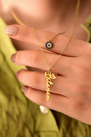 925 Ayar Gümüş Altın Kaplama Nazar Ve Bitanem Yazılı Asansörlü Kolye