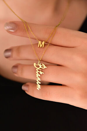 925 Ayar Gümüş Altın Kaplama 3d Harf Ve Bitanem Yazılı Asansörlü Kolye