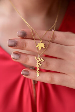 925 Ayar Gümüş Altın Kaplama Çınar Yaprağı Ve Bitanem Yazılı Asansörlü Kolye