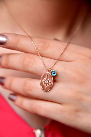 925 Ayar Gümüş Rose Kaplama Cam Gözlü Tektaşlı Oval Kutup Kolye