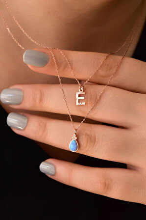 925 Ayar Gümüş Rose Kaplama E Harf Ve Damla Opal Taşlı Asansörlü Kolye