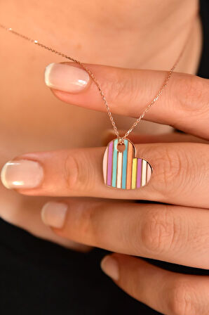 925 Ayar Gümüş Rose Kaplama Renkli Mineli Kalp Kolye