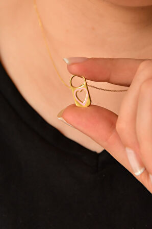 925 Ayar Gümüş Altın Kaplama Mineli Kalp Kilit Kolye